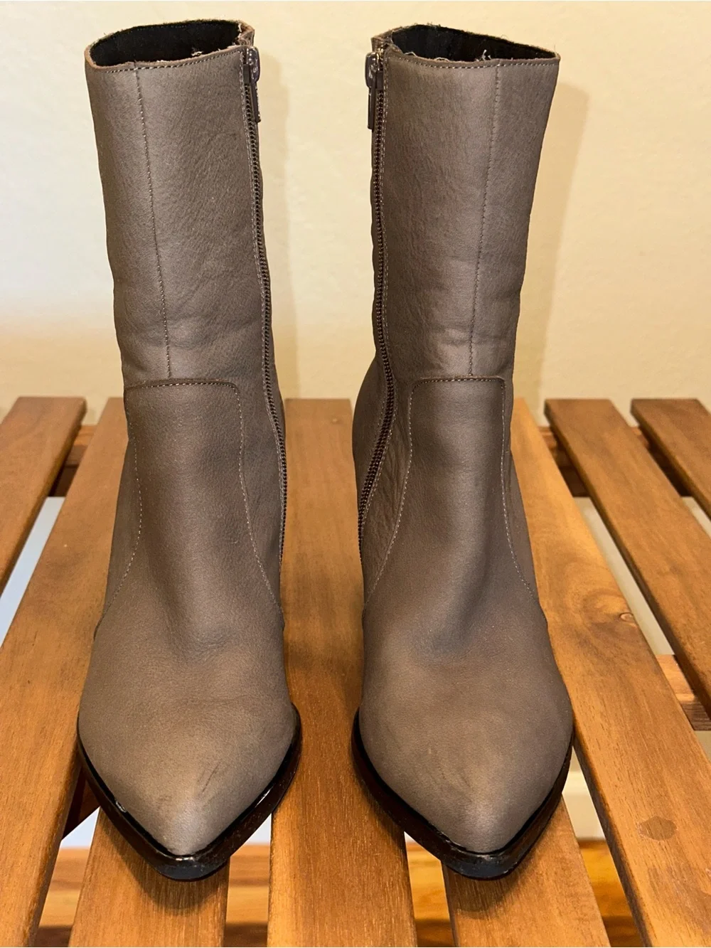 Jeffrey Campbell Taupe Mid-Calf Block Heel Leather Boots | US women's Sz 8.5